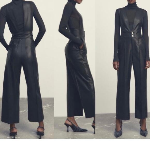 ZARA Faux Leather Jumpsuit Overalls Black Size XSmall NWT Sleeveless Deep V neck - Picture 1 of 10